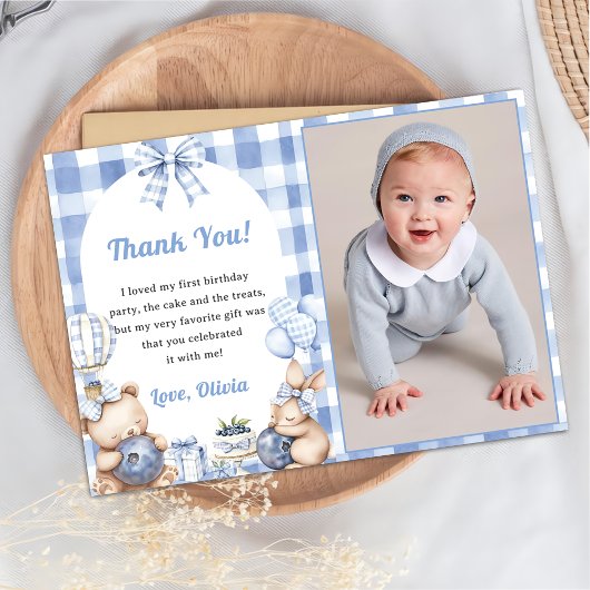 Blueberry Gingham Birthday Party Thank You Card Kaart