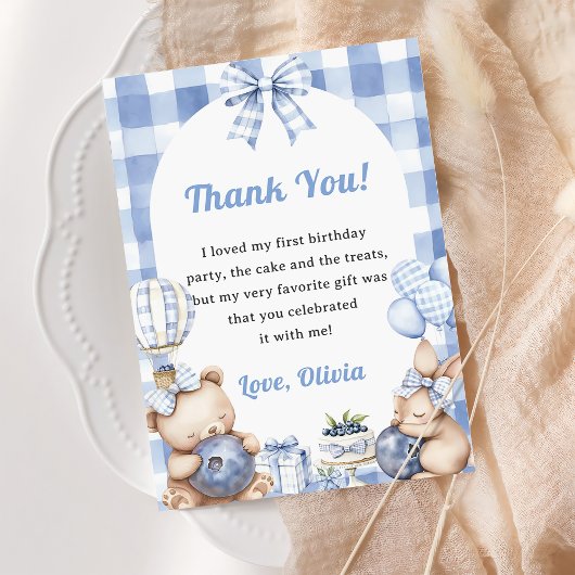 Blueberry Gingham Birthday Party Thank You Card Kaart
