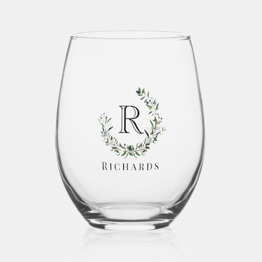 Blueberry groen krans monogram naam wijnglas zonder voet (Voorkant)