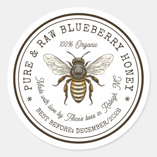 Blueberry honing inblikken sticker met bij (Voorkant)