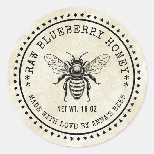 Blueberry honinglabel met bijen en  gevoel ronde sticker (Voorkant)