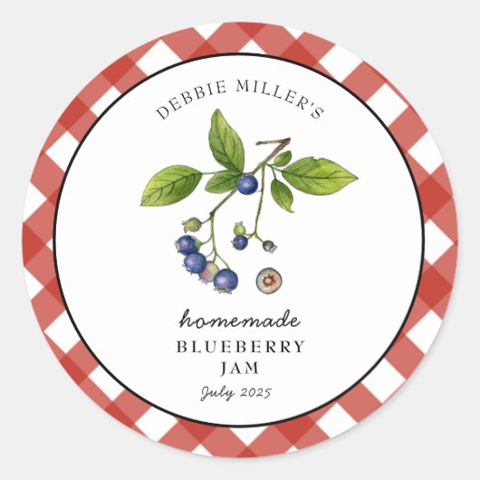 Blueberry Jam Gingham Jam. Jar Ronde Sticker (Voorkant)