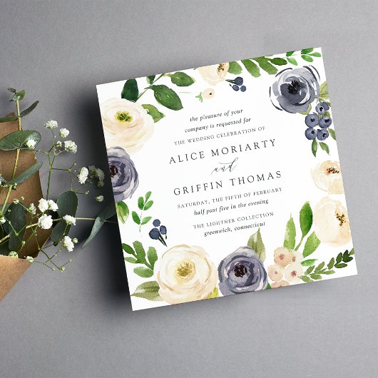 Blueberry Lane Square Wedding Invitation Kaart