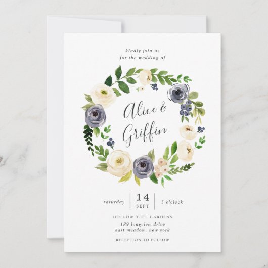 Blueberry Lane Wreath Wedding Invitation Kaart (Voorkant)