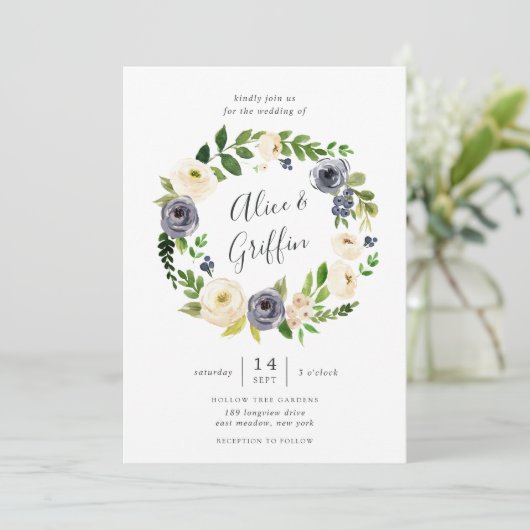 Blueberry Lane Wreath Wedding Invitation Kaart (Staand voorkant)