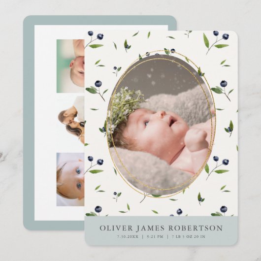 Blueberry Pattern Jongen Foto Geboorte Aankondigin Kaart (Voorkant / Achterkant)