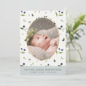 Blueberry Pattern Jongen Foto Geboorte Aankondigin Kaart (Staand voorkant)