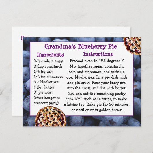 Blueberry Pie Recept Briefkaart (Voorkant / Achterkant)