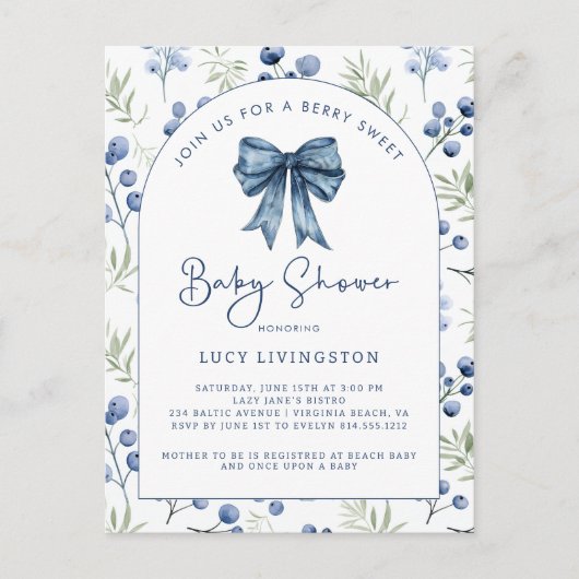 Blueberry Sweet Baby shower Invitation Briefkaart (Voorkant)
