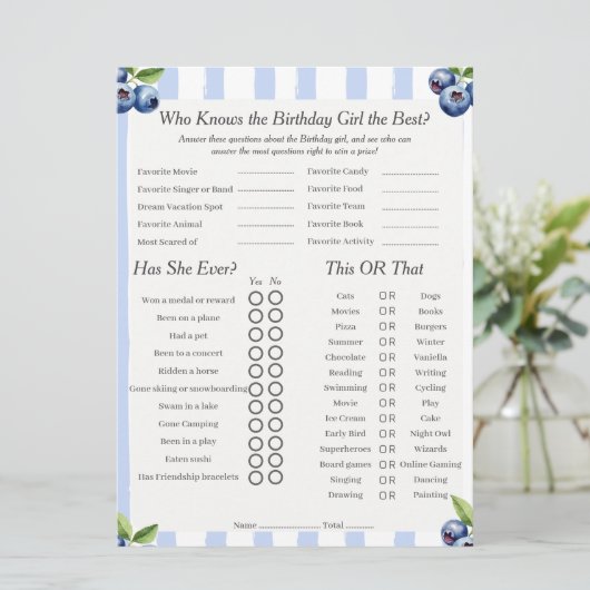 Blueberry Verjaardag meisje Trivia Trio Spelkaart Feestdagenkaart (Staand voorkant)