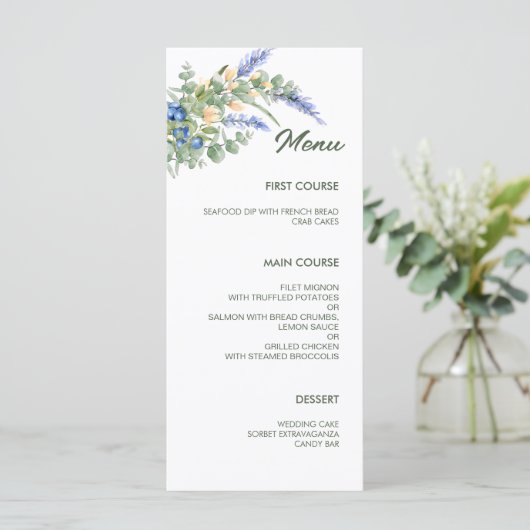 Blueberry Wildflower Lavendel Rustieke bruiloft Menu (Staand voorkant)