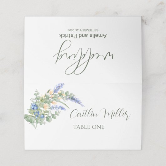 Blueberry Wildflower Lavendel Rustieke bruiloft Plaatskaartje (Buitenkant ongevouwen)