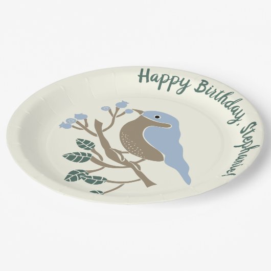 Bluebird and Blueberries Personalized Birthday Papieren Bordje (Gekanteld)