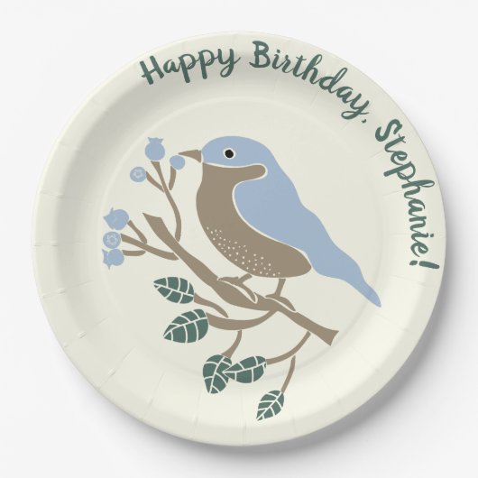 Bluebird and Blueberries Personalized Birthday Papieren Bordje (Voorkant)