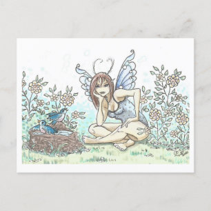 Bluebird Bath Fairy Illustratie Art Print Briefkaart