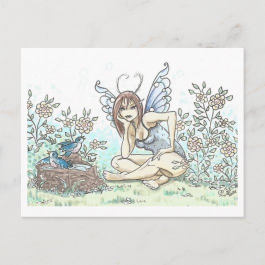 Bluebird Bath Fairy Illustratie Art Print Briefkaart (Voorkant)