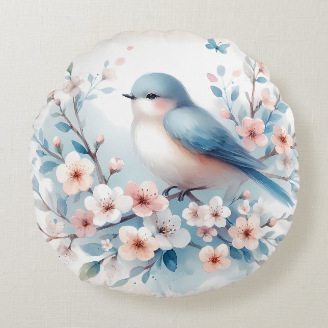 Bluebird Blossom Watercolor Serenity Rond Kussen (Voorkant)