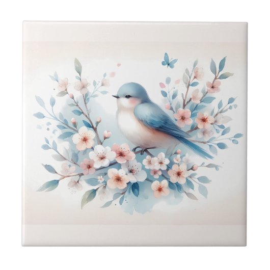 Bluebird Blossom Watercolor Serenity Tegeltje (Voorkant)