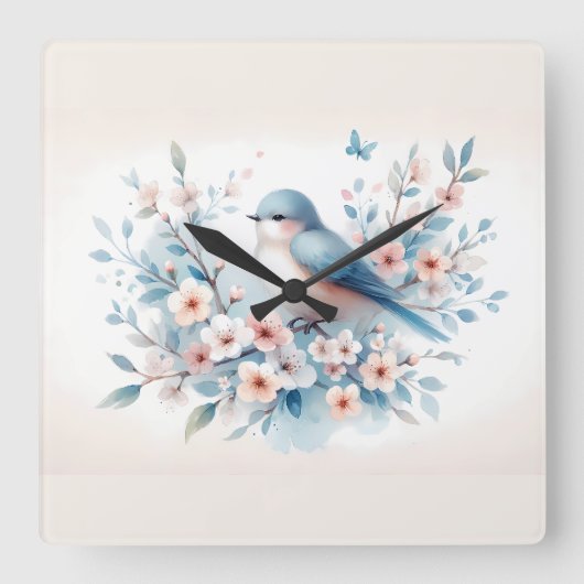 Bluebird Blossom Watercolor Serenity Vierkante Klok (Voorkant)