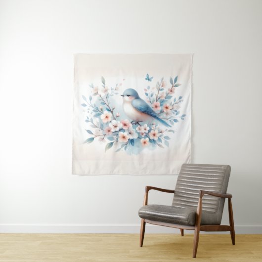 Bluebird Blossom Watercolor Serenity Wandkleed (In situ)