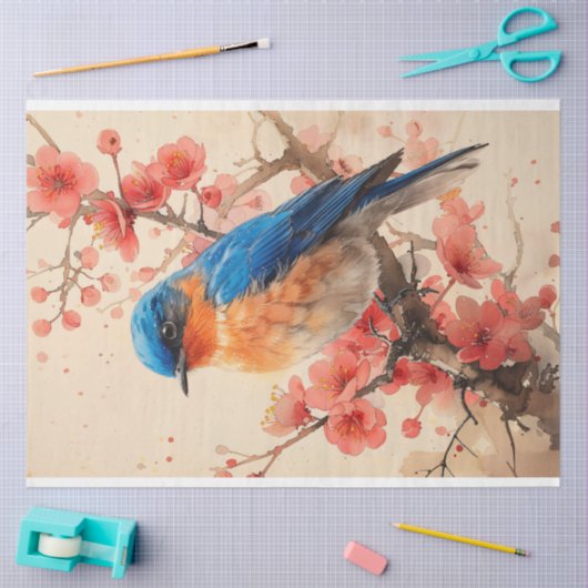 Bluebird Cherry Blossom Tree Painting Decoupage Tissuepapier (Craft)