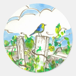Bluebird Clouds Fence Ronde Sticker