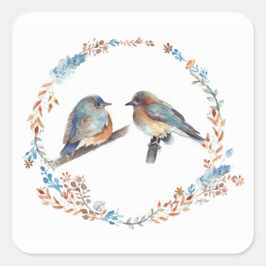 Bluebird Couple Floral Wreath Vierkante Sticker (Voorkant)