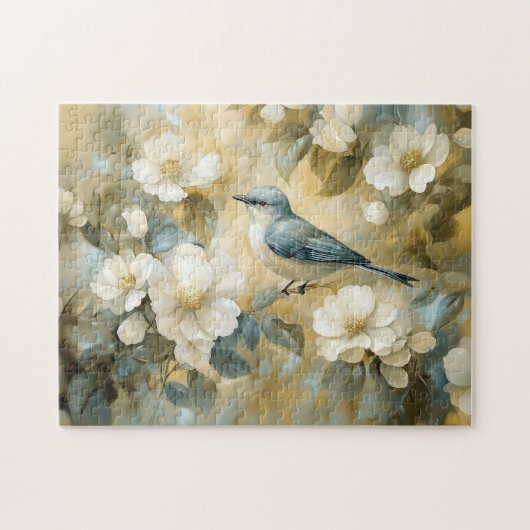 Bluebird Cream Witte Bloemen Schilderij Legpuzzel (Horizontaal)