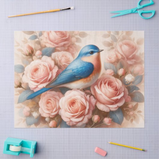 Bluebird en Blush Pink Roses Decoupage Tissuepapier (Craft)