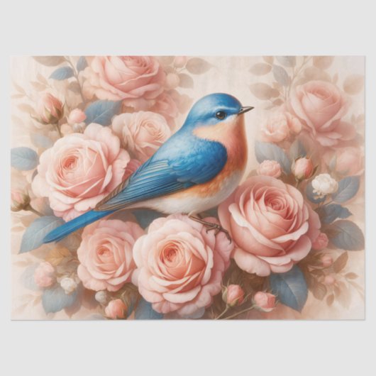 Bluebird en Blush Pink Roses Decoupage Tissuepapier (Voorkant)