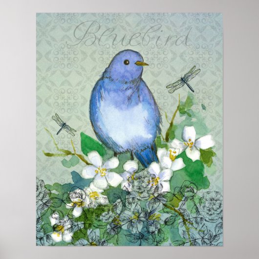 Bluebird Flower Dragonflies Syringa Poster (Voorkant)