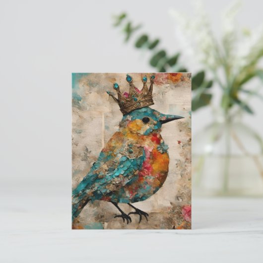 Bluebird in een Crown Mixed Media Collage Briefkaart (Staand voorkant)