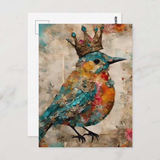 Bluebird in een Crown Mixed Media Collage Briefkaart (Voorkant / Achterkant)