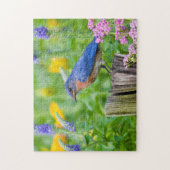 Bluebird male on fence post in flower garden legpuzzel (Verticaal)