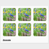 Bluebird male on fence post in flower garden vierkante sticker (Vel)