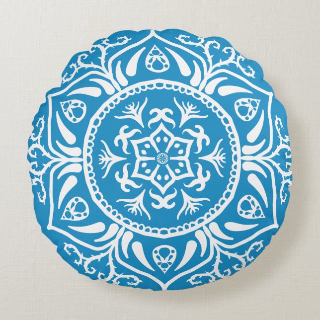 Bluebird Mandala Rond Kussen (Voorkant)