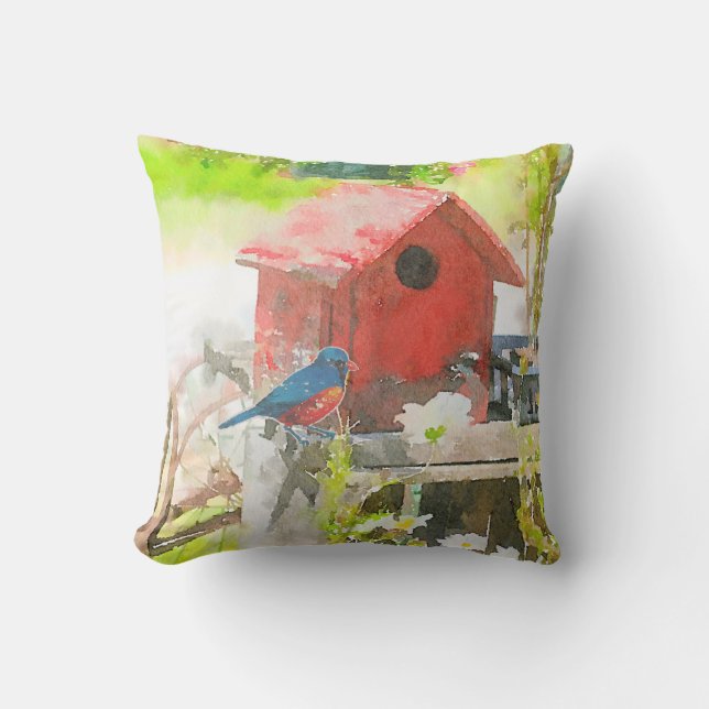 Bluebird met Red Birdhouse Buitenkussen (Voorkant)