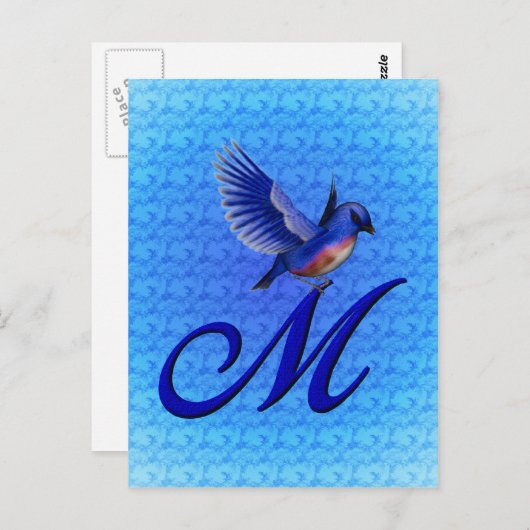 Bluebird Monogram Initiaal M Elegant Briefkaart (Voorkant / Achterkant)