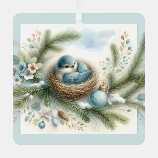 Bluebird Nest met Ornamenten in Winter Pines (Voorkant)