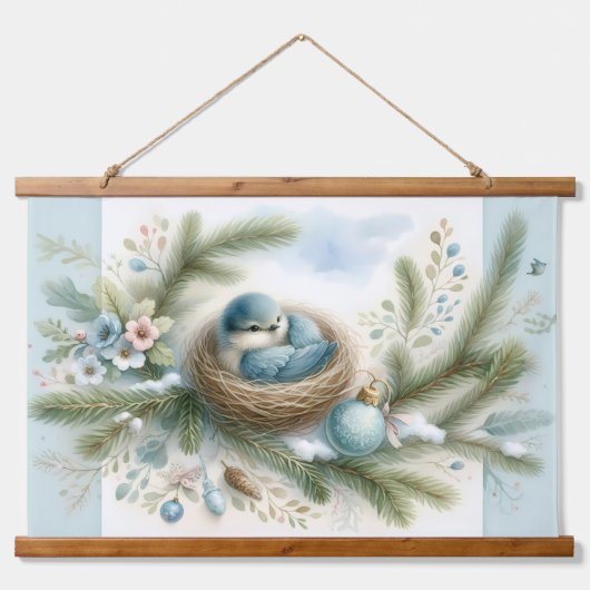 Bluebird Nest met Ornamenten in Winter Pines Hangend Wandkleed (Voorkant)