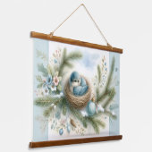 Bluebird Nest met Ornamenten in Winter Pines Hangend Wandkleed (Gebogen)