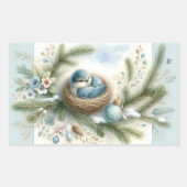 Bluebird Nest met Ornamenten in Winter Pines Rechthoekige Sticker (Voorkant)