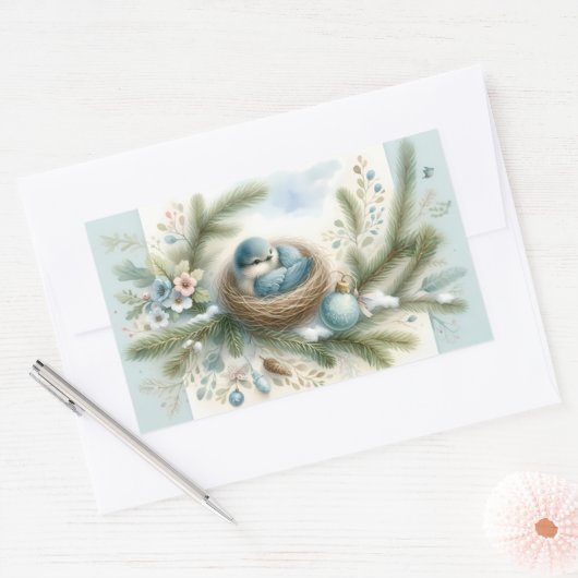 Bluebird Nest met Ornamenten in Winter Pines Rechthoekige Sticker (Envelop)