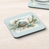 Bluebird Nest with Ornaments in Winter Pines Bier Onderzetter (Linkerzijde)