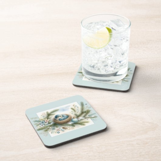 Bluebird Nest with Ornaments in Winter Pines Bier Onderzetter (Rechterzijde)