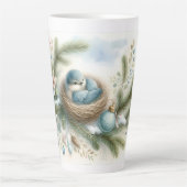 Bluebird Nest with Ornaments in Winter Pines  Latte Mok (Voorkant)