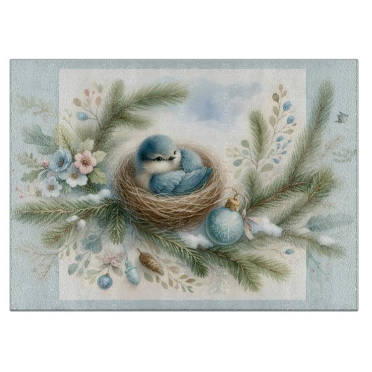 Bluebird Nest with Ornaments in Winter Pines Snijplank (Voorkant)