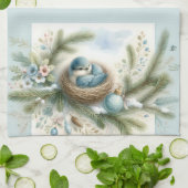 Bluebird Nest with Ornaments in Winter Pines Theedoek (Gevouwen)