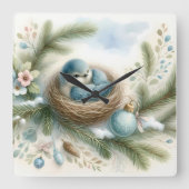Bluebird Nest with Ornaments in Winter Pines Vierkante Klok (Voorkant)