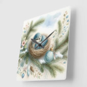 Bluebird Nest with Ornaments in Winter Pines Vierkante Klok (Hoek)